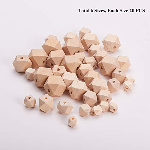 PH PandaHall 120 pcs 6 Sizes 10mm~18mm Unfinished Faceted Geometric Wood Beads Natural Hexagon Wooden Beads DIY Wooden Spacer Beads for Bracelet - WoodArtSupply