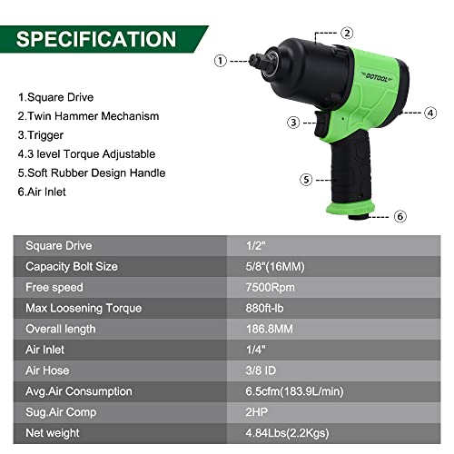 Dotool Air Impact Wrench 1/2 Inch Square Drive Heavy Duty 880 ft-Lbs Max Loosening Torque Output Pneumatic Impact Wrench Twin Hammer 7800RPM for - WoodArtSupply