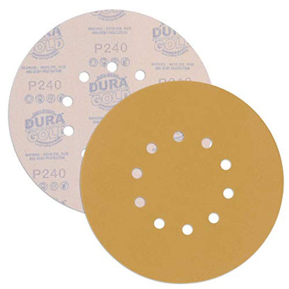 Dura-Gold Premium 9" Drywall Sanding Discs - 240 Grit (Box of 10) - 10 Hole Pattern Sandpaper Discs with Hook & Loop Backing, Fast Cutting Aluminum
