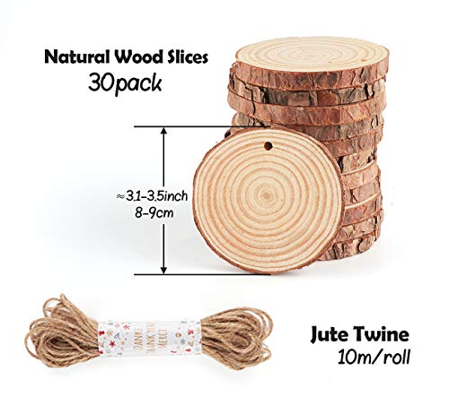 Natural Wood Slices 30Pcs 3.1''-3.5'' Unfinished Wood kit with Pre-drilled Hole, Wood Slices Ornaments for Christmas DIY Rustic Crafts Wooden Circles ilauke
