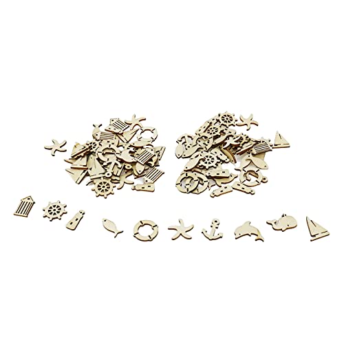 KUMGROT 100pcs Unfinished Wooden Ornament Mini Wood Pieces Starfish Dolphin Fish House Ship Shaped for DIY Craft Handmade Supplies (Marine Style) KUMGROT