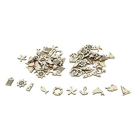 KUMGROT 100pcs Unfinished Wooden Ornament Mini Wood Pieces Starfish Dolphin Fish House Ship Shaped for DIY Craft Handmade Supplies (Marine Style) KUMGROT