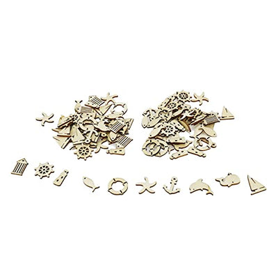 KUMGROT 100pcs Unfinished Wooden Ornament Mini Wood Pieces Starfish Dolphin Fish House Ship Shaped for DIY Craft Handmade Supplies (Marine Style)