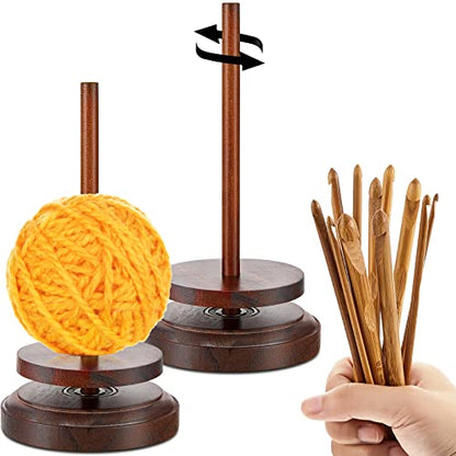 2 Pcs Wood Yarn Holder with 12 Bamboo Crochet Hooks Wooden Yarn Holder with Twirling Mechanism Wooden Rotating Yarn Crochet Needles for Knitting - WoodArtSupply