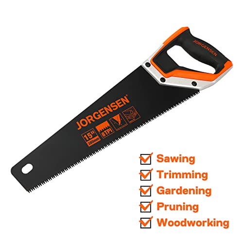 JORGENSEN 15” Hand Saw, Black Coated Coarse Handsaw 8TPI for Wood Cutting, Ergonomic Non-Slip Aluminum Handle for Sawing, Trimming, Gardening, Jorgensen