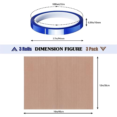 3 Pack Teflon Sheet 12 x 16" and 3 Rolls 10mm X 33m Blue Heat Tape for Sublimation,Heat Transfer Tape,Heat Resistant Tape,Thermal Tape for Heat