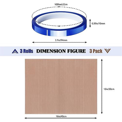 3 Pack Teflon Sheet 12 x 16" and 3 Rolls 10mm X 33m Blue Heat Tape for Sublimation,Heat Transfer Tape,Heat Resistant Tape,Thermal Tape for Heat