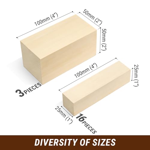 BeaverCraft BW19 Basswood Carving Blocks Whittling Wood Carving Kit 19PCS Wooden Blocks for Crafts Bass Wood for Carving - Unfinished Wood Blocks Set BeaverCraft
