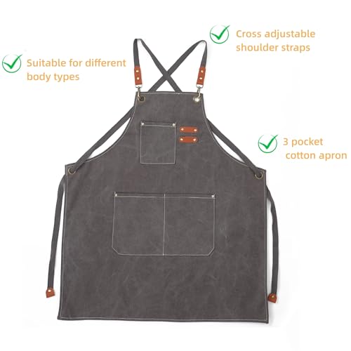 MISIWANLO Work Apron with Cross Back Heavy Duty Adjustable Straps and Large Pockets Chef Aprons,Men Women,M-XXL (Grey) MISIWANLO