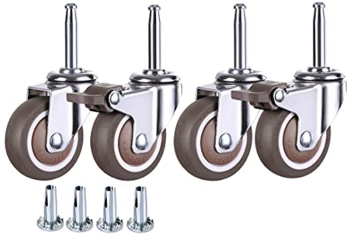 NERILEE 2 Inch Rubber Caster Wheel Set of 4(2 with Brakes & 2 Without) with 5/16" x 1-1/2" (8 x 38mm) Stem Sockets, for Furniture Crib Trolley Dining