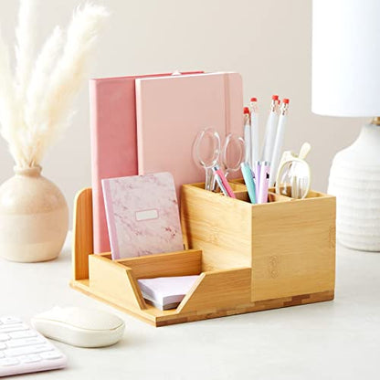 Juvale Bamboo Desk Organizer, Wooden Desk Accessories Workspace Organizers, Holder for Pencils, Pens, Tabletop Storage with 7 Compartments for Office - WoodArtSupply