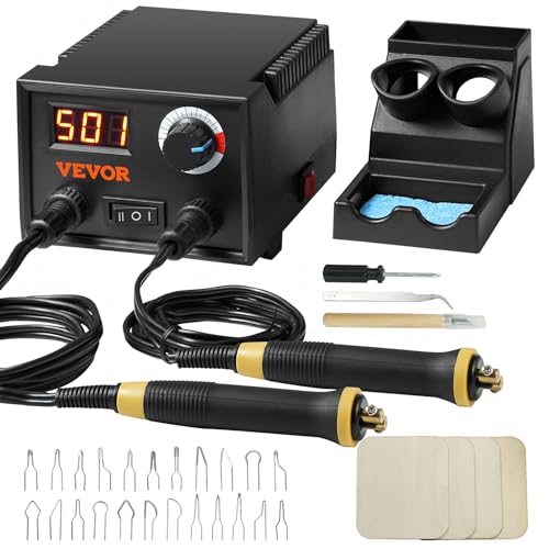 VEVOR Wood Burning Kit, 200~700°C Adjustable Temperature with Display, Dual Output Port with 2 Pyrography Pens, 23 Wire Nibs, 1 Pen Holder, 4 Wood