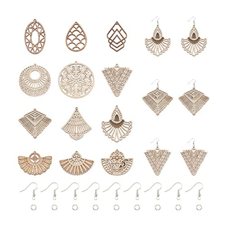 48pcs Unfinished Wooden Filigree Earring Making Kits 12 Styles Undyed Natural Wood Antique Hollow Dangle Charm Beads for DIY Earrings Pendants Making PandaHall