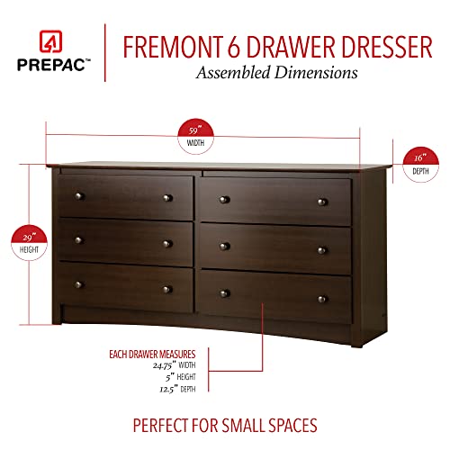 Prepac Fremont Bedroom Furniture: Espresso Double Dresser for Bedroom, 6-Drawer Wide Chest of Drawers, Traditional Bedroom Dresser, EDC-6330-V, 59"W Prepac