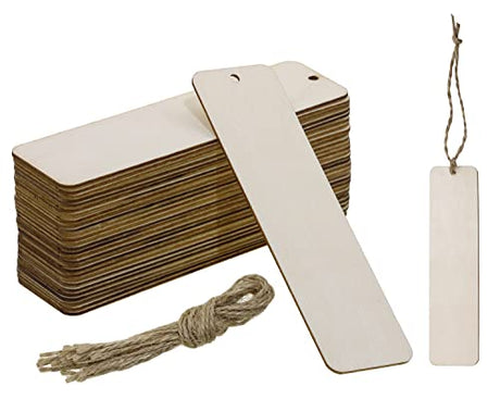 ONLYKXY 30PCS Blank Bookmarks Rectangle Unfinished Wooden Gift Label Tag Hanging Tag with Holes and Ropes for DIY Mark Ornament Craft Painting ONLYKXY