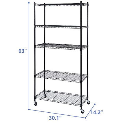 SUPER DEAL Black 5-Shelf Heavy Duty Storage Wire Shelving Unit with Wheels for Restaurant Garage Pantry Kitchen Garage Rack (30L x 14W x 63H)