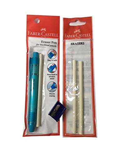 Faber-Castell Pen Mechanical Stick Retractable Eraser Set with 2 Extra  Refills + 1 FREE Faber-Castell Sharpener(assorted colors) (Blue)