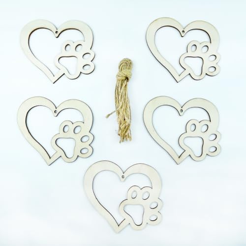 30pcs Dog Paw Heart Wood DIY Crafts Cutouts Wooden Cat Claw Heart Shaped Hanging Ornaments for DIY Projects Dog Pets Themed Party Decorations JEKEJIAJIU
