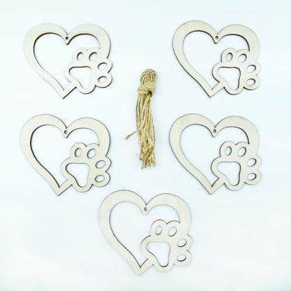 30pcs Dog Paw Heart Wood DIY Crafts Cutouts Wooden Cat Claw Heart Shaped Hanging Ornaments for DIY Projects Dog Pets Themed Party Decorations - WoodArtSupply