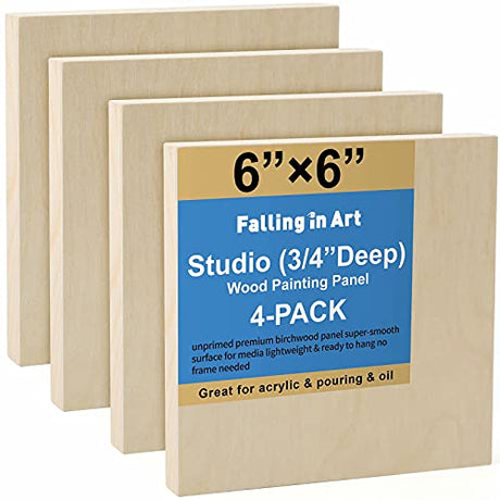 Unfinished Birch Wood Canvas Panels Kit, Falling in Art 4 Pack of 6x6’’ Studio 3/4’’ Deep Cradle Boards for Pouring Art, Crafts, Painting and More Falling in Art