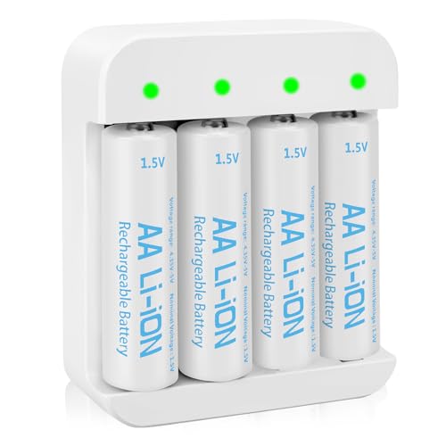 4 Pack 3600mWh Rechargeable 1.5V Lithium AA Batteries with Charger (4-Bay Independent Slot), Long Lasting Double A Size Battery for Blink Camera - WoodArtSupply