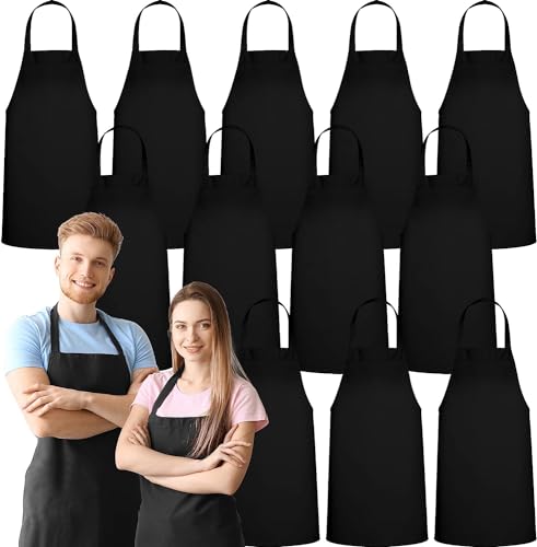GREEN LIFESTYLE 12 Pack Bib Apron - Unisex Black Aprons, Machine Washable Aprons for Men and Women, Kitchen Cooking BBQ Aprons Bulk (Pack of 12, No GREEN LIFESTYLE