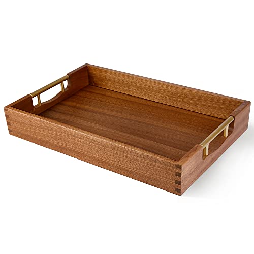 LotFancy Wood Serving Tray, 17x13”, Sapele Mahogany Large Food Tray with Gold Handles, Decorative Wooden Tray for Living Room, Ottoman, Coffee Table, LotFancy