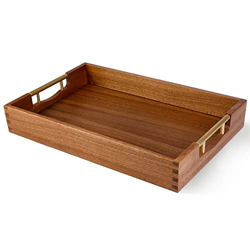 LotFancy Wood Serving Tray, 17x13”, Sapele Mahogany Large Food Tray with Gold Handles, Decorative Wooden Tray for Living Room, Ottoman, Coffee Table,