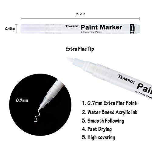 White Paint Pen, 8 Pack 0.7mm Acrylic Paint Pens with 2 White 2 Black 2 Gold 2 Silver Paint Pen Permanent Marker for Wood Rock Fabric Metal Plastic TZARROT
