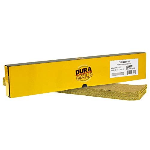 Dura-Gold Premium 80 Grit Gold Pre-Cut PSA Longboard Sandpaper Sheets, Box of 20, 2-3/4" x 16-1/2" Self-Adhesive Stickyback Sandpaper for Automotive, - WoodArtSupply