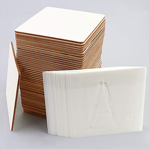 SKPPC 50 Pieces 4 Inch Unfinished Blank Wood Pieces with 26 Pieces Letters Stencils for Wall Decor Home Decoration DIY Craft Projects SKPPC