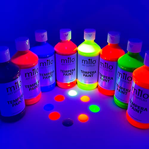 milo Fluorescent Tempera Paint Set of 8 Colors | 8 oz Bottles | Made in the USA | Washable and Non-Toxic Neon Art & Craft Poster Primary Paints for milo