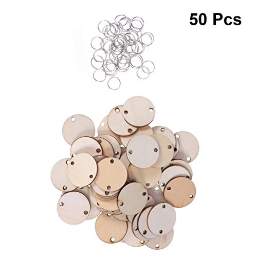 WINOMO 50pcs Round Wooden Slices with 50 Iron Loops Set Wood Discs Circles for Hanging Wooden Plaque Birthday Reminder DIY Calendar Accessories