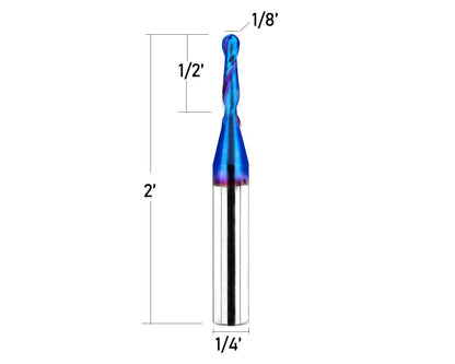 2PCS CNC Router bits Carbide Ball Nose End Mill with Nano Blue Coating 1/4inch Shank 1/8inch Cutting Dia for Side Milling End Milling, Finish