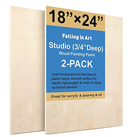 Unfinished Birch Wood Canvas Panels Kit, Falling in Art 2 Pack of 18x24’’ Studio 3/4’’ Deep Cradle Boards for Pouring Art, Crafts, Painting, and More Falling in Art