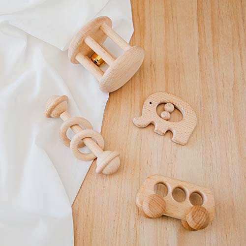 Wooden Baby Toys Montessori Toys Set Wooden Rattles Grasping Toys Wood Ring 4pcs, Bus Toy Set