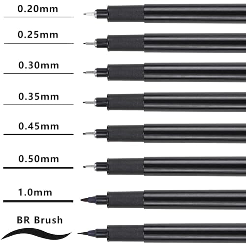 Micro Fineliner Drawing Art Pens: 8 Black Fine Line Waterproof Ink Set Artist Supplies Archival Inking Markers Liner Professional Sketch Outline