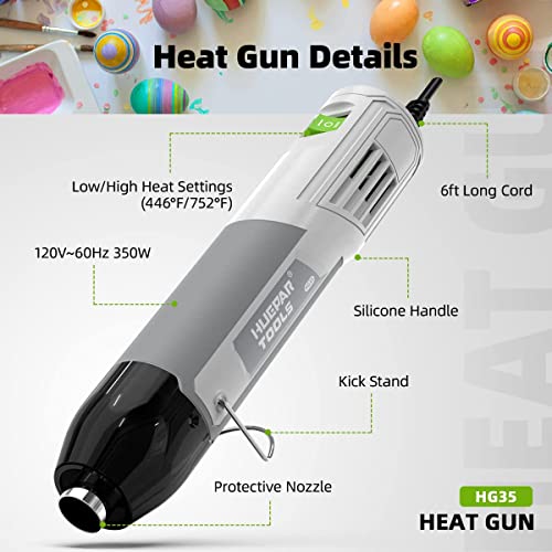 Mini Heat Gun for Crafts, Huepar Tools 446°F/752°F Dual Temp Hot Air Gun Tool for Shrink Wrapping, Embossing, Candle Making, DIY, Including 164PCS - WoodArtSupply