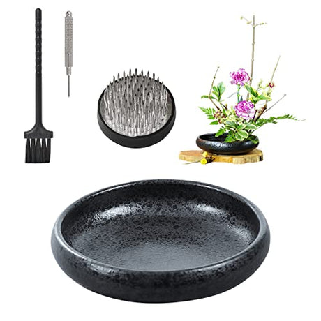 WANDIC Ikebana Flower Vase, Japanese Round Shallow Pottery Ikebana Vase Kit with 4cm Kenzan Flower Frog for Floral Arrangement Home Decoration, Black WANDIC