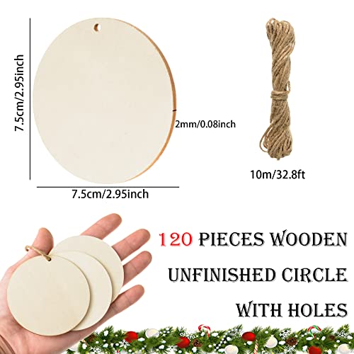 120 Pieces Unfinished Wooden Circles with Holes, 3 Inch Round Wooden Discs Slices for Crafts Blank Round Wood Cutouts Wooden Tags Ornaments for Sign