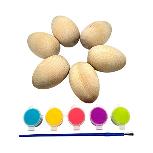 Large 2.5" Unfinished Flat Bottom Wooden Easter Craft Eggs with Bonus Gift - Includes 6 Wooden Eggs and Bonus Easter Colored Paint Pots and Brush - WoodArtSupply