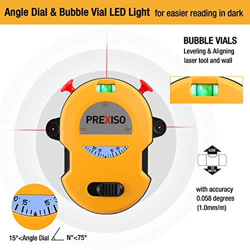 PREXISO Multi Surface Laser Level LED Light Vial, 30Ft Horizontal & Vertical Line Laser with Wall Mount Base, 2 Pins, 10 Sticker, 2 AA Batteries for Prexiso