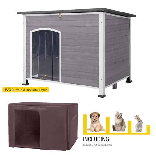 Insulated Wooden Dog Kennel Dog House with PVC Curtain and Removable Floor for Easy Cleaning (Large)