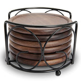 Wood Drink Coasters with Metal Holder, GOH DODD 4 Inch 6 Pieces Wooden Coasters Cup Coaster Set for Bar Kitchen Home Apartment, Walnut Wood GOH DODD