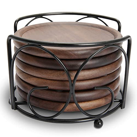 Wood Drink Coasters with Metal Holder, GOH DODD 4 Inch 6 Pieces Wooden Coasters Cup Coaster Set for Bar Kitchen Home Apartment, Walnut Wood GOH DODD