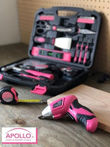Apollo 135 Piece Household Tool Kit Pink with Pivoting Dual-Angle 3.6 V Lithium-Ion Cordless Screwdriver - DT0773N1 Apollo