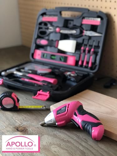 Apollo 135 Piece Household Tool Kit Pink with Pivoting Dual-Angle 3.6 V Lithium-Ion Cordless Screwdriver - DT0773N1 - WoodArtSupply