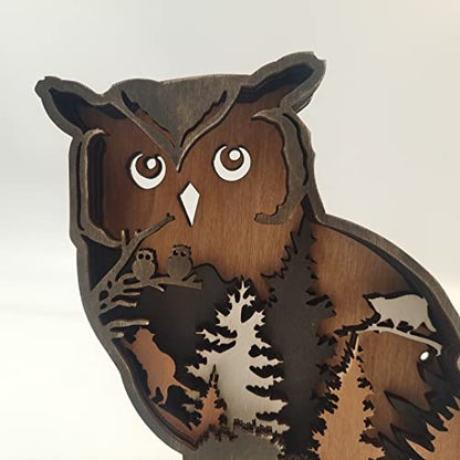 Edlike Owl Decor, Lighted Up Wooden Centerpiece Forest Animal Table Decorations, 3D Multilayer Wall Art Carved Owl Decor,Wooden Owl Decorations for Shelf Table Office,Glowing Owl Decor