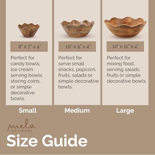 Mela Artisans Wooden Scalloped Bowl - Large | Ruffle Decorative Style | Rustic Kitchen Decor | Mango Wood | Natural Grain Finish | Fits Bread,