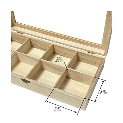 Cregugua 2 Pack Unfinished Wooden Box with Glass Lid, Wood Jewelry Storage Tray Box,8 Compartment Organizer 12.6 x 6.3 x 2.4 In